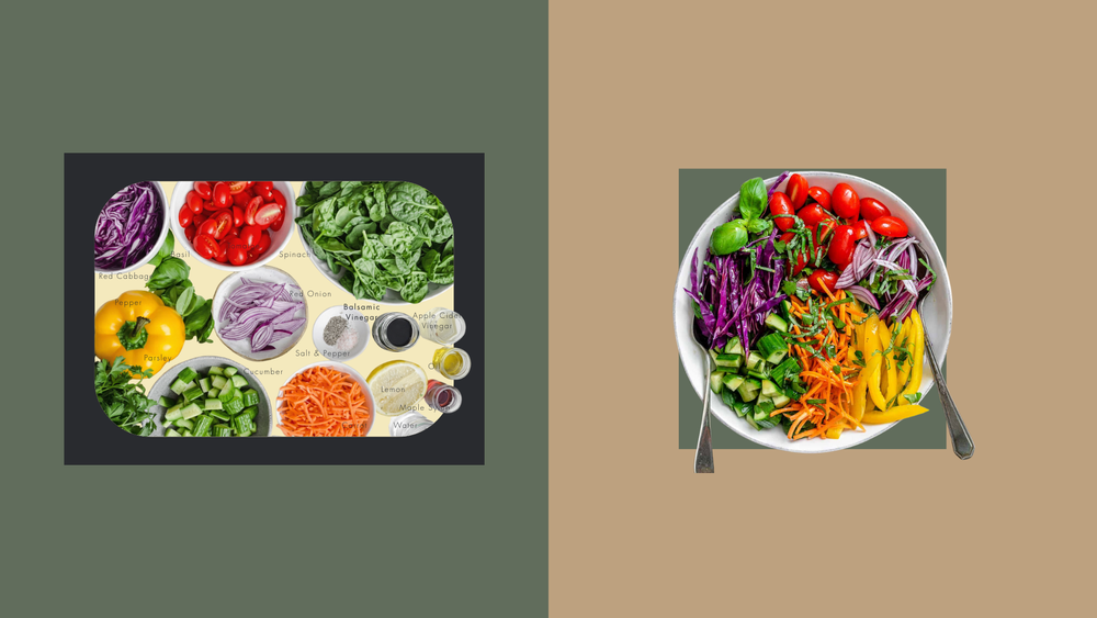 Nutrition photography of fresh salad ingredients in the Form Science style