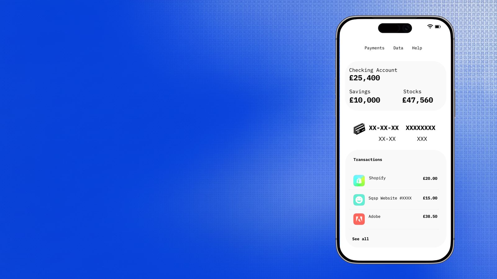 The Global Money mobile app showing account balances and a transaction list