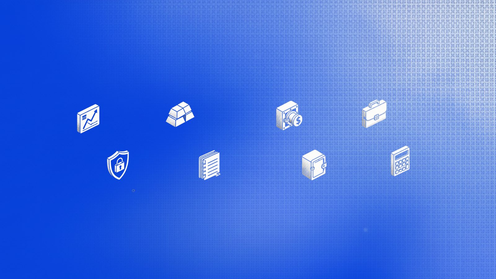 Isometric icon set covering charts, security, bullion, records, safes and calculators