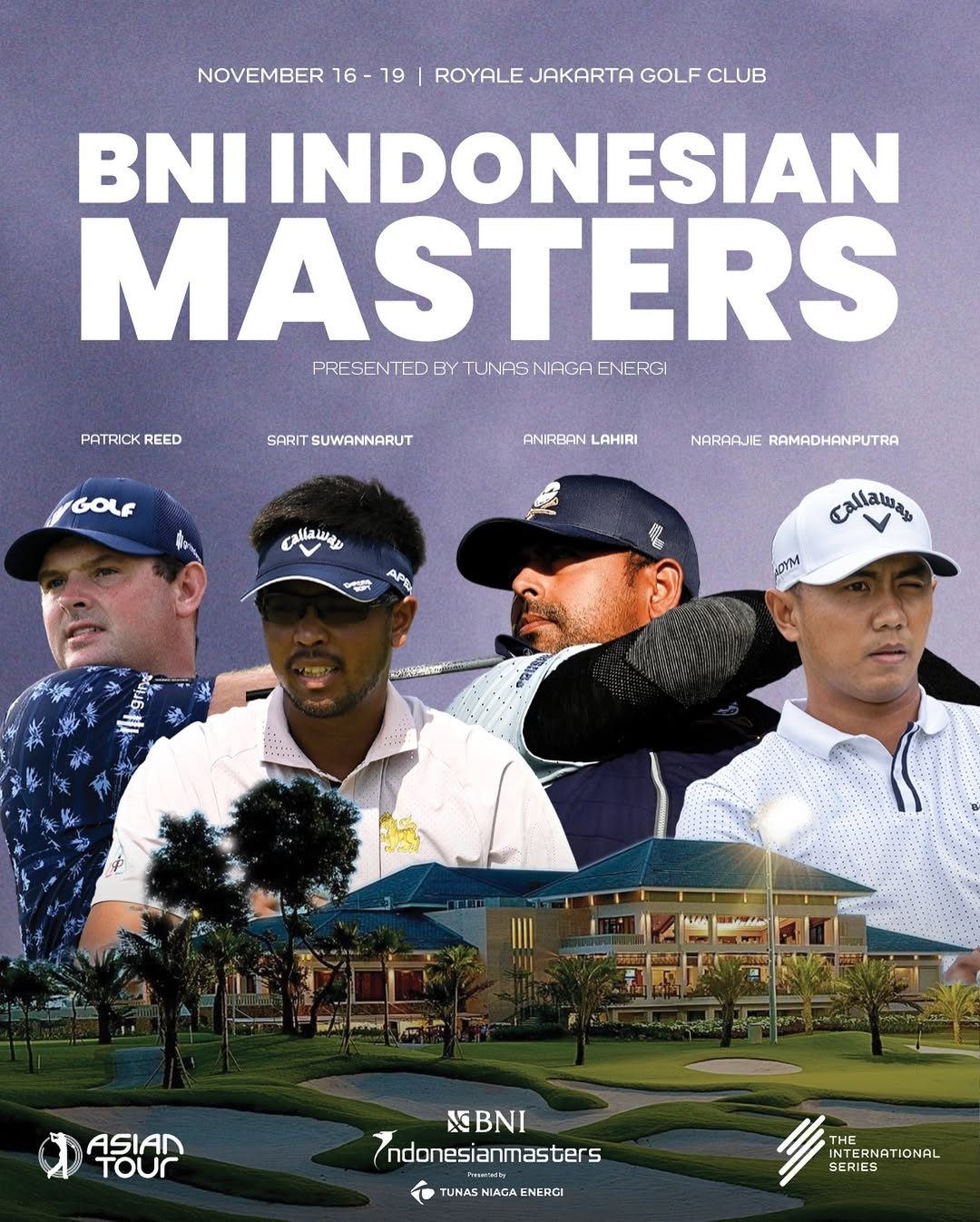 BNI Indonesian Masters announcement featuring Patrick Reed, Sarit Suwannarut, Anirban Lahiri and Naraajie Ramadhanputra